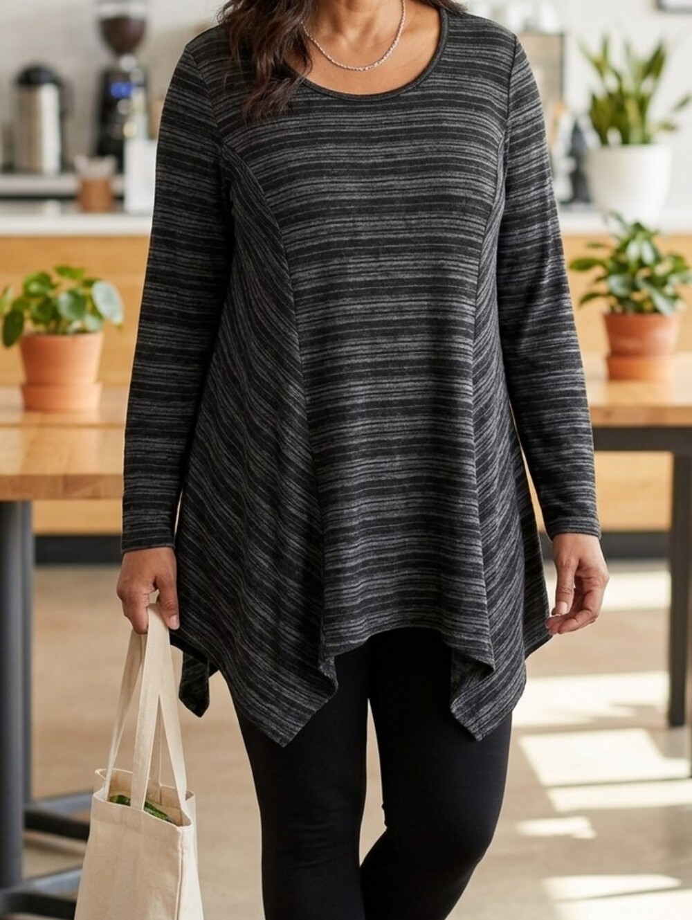 AGB Woman Black & Gray Striped Tunic Sweater